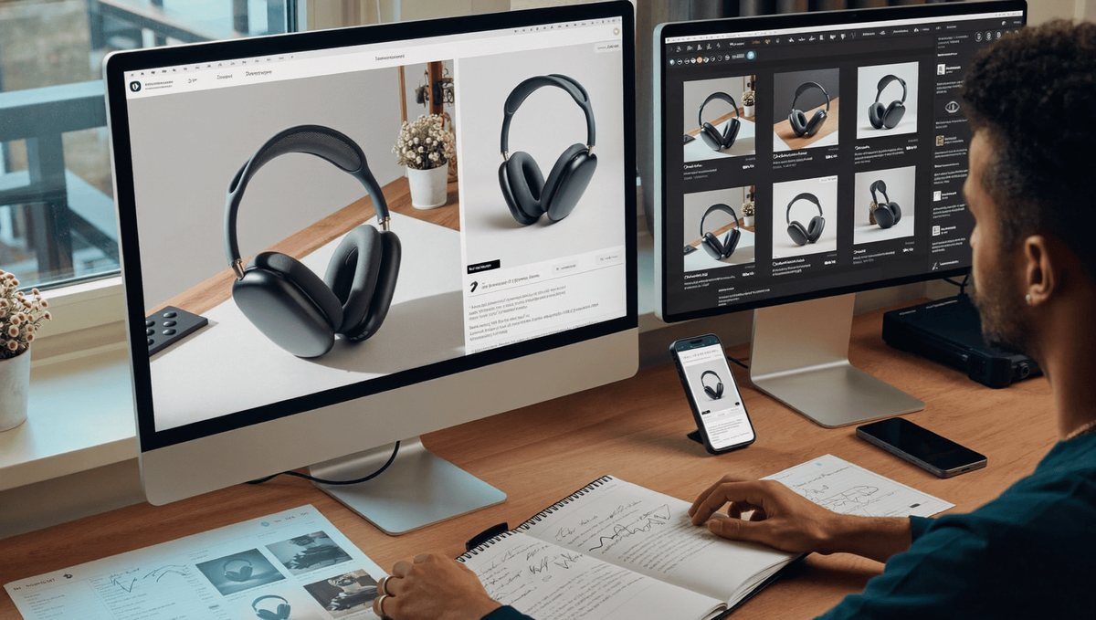 A creator at a desk comparing AI-generated headphone images for an affiliate page
