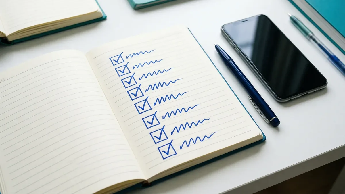 A notebook with a ticked checklist next to a phone on a desk, ready to post a video