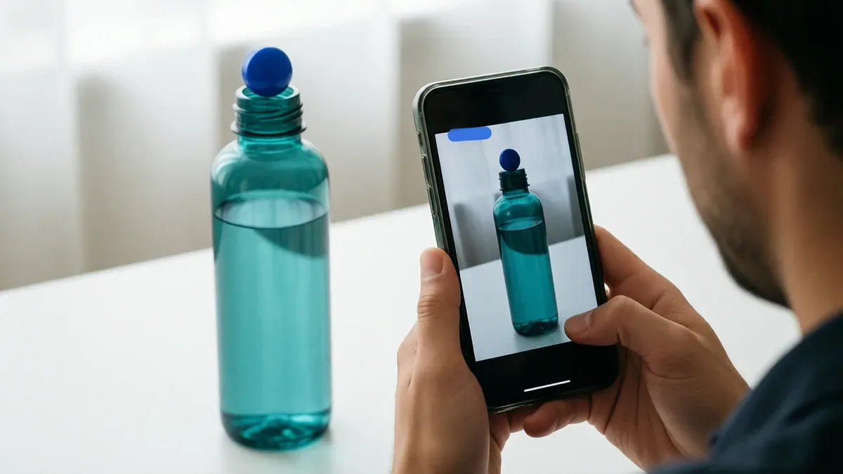 A creator checking a short product video on a phone, with a small blank label in the top corner of the frame