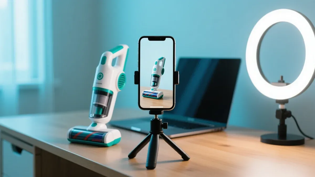 Amazon affiliate video being recorded: a phone on a small tripod filming a household product on a tidy desk