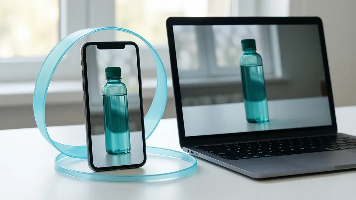 A phone showing a tall short video next to a laptop showing a wide video of the same product