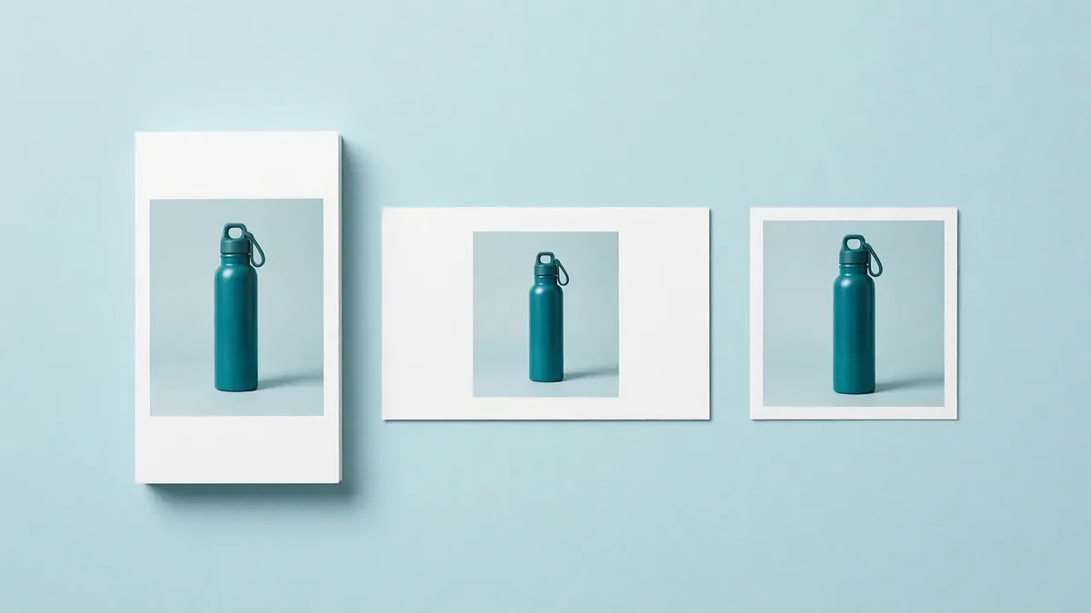 Three cards in tall, wide and square shapes, each showing the same water bottle