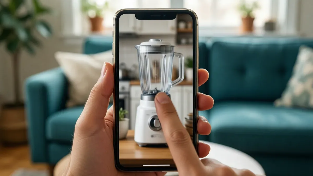 A viewer holding a phone, a finger about to swipe past a short product video of a blender