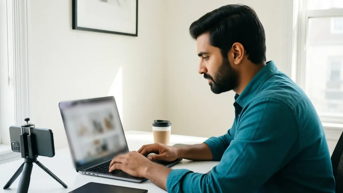 An affiliate marketer at a laptop choosing products for a short video, with a phone on a small tripod nearby