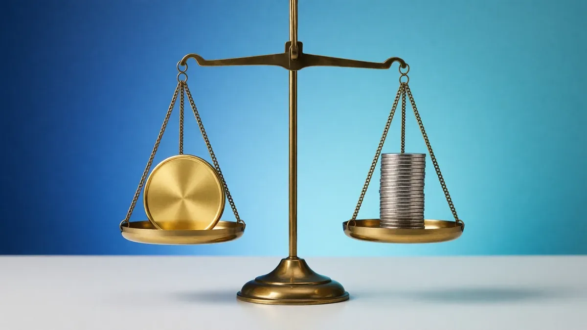 A brass balance scale with a single gold coin on one side and a stack of small coins on the other