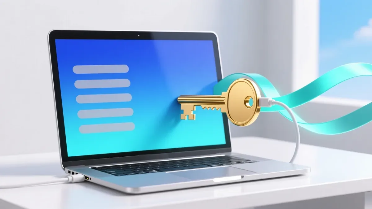 BYOK AI writer concept: a glowing key plugged into a laptop that is writing an article, blue and cyan light