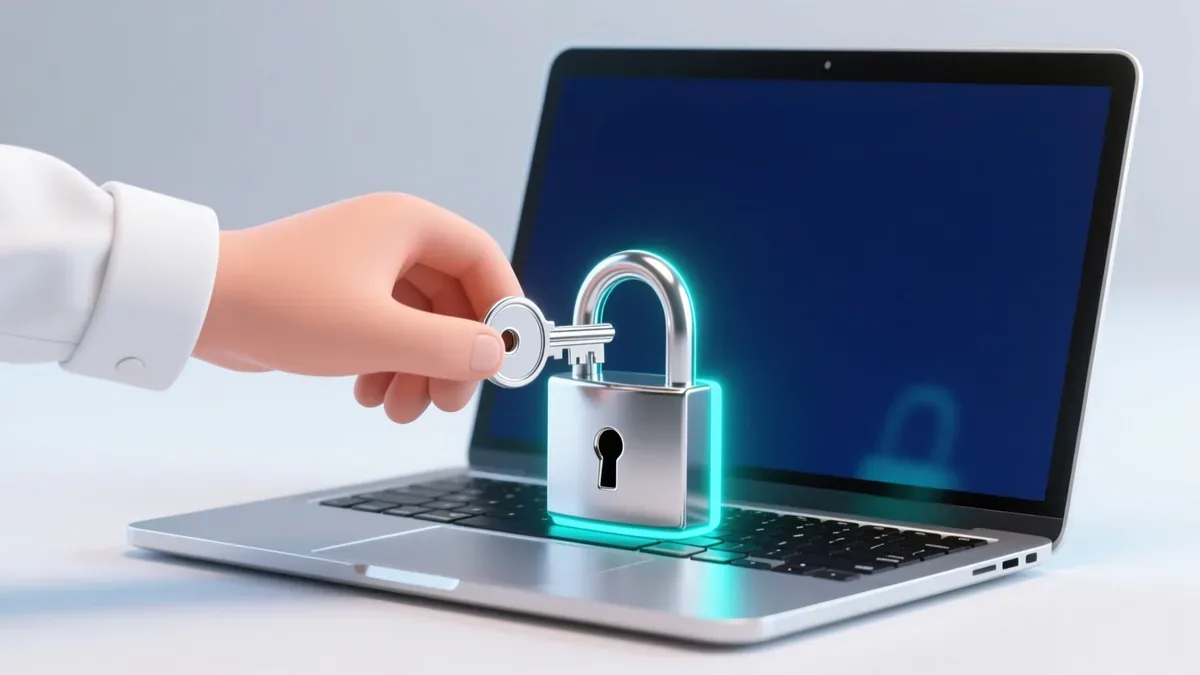 A hand placing a glowing key into a padlock on a laptop, soft blue and cyan light