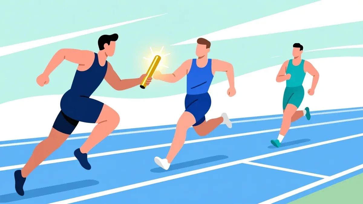 A relay of runners passing a glowing baton along a track, each runner a different colour