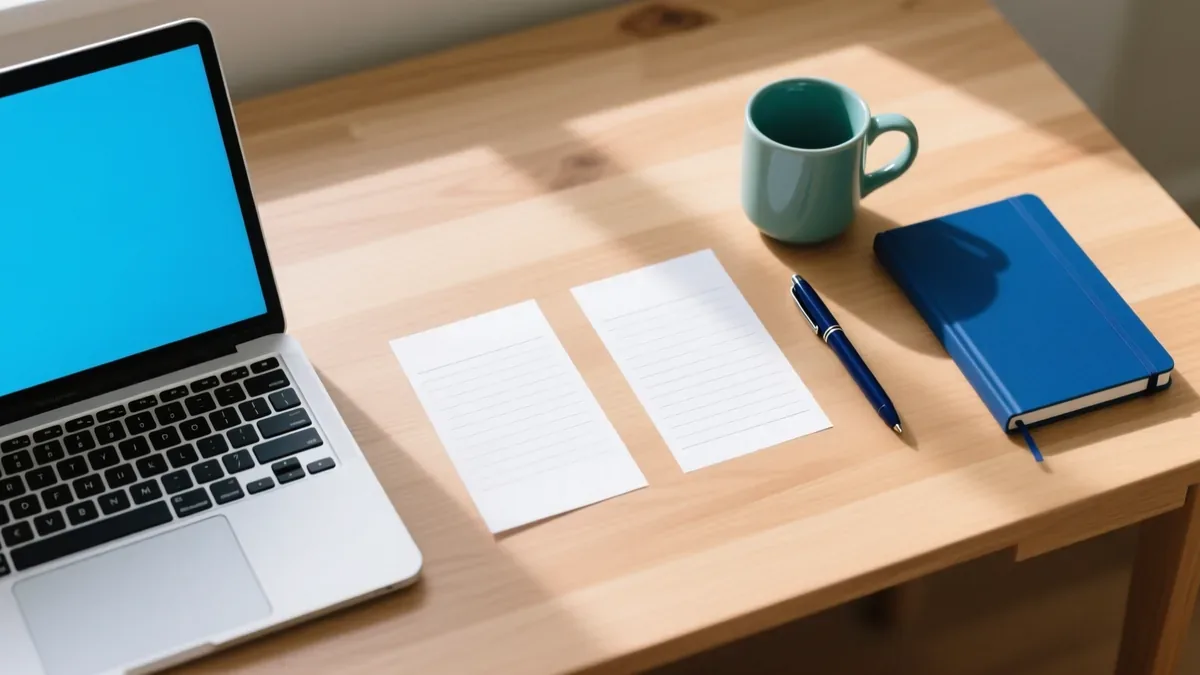 Two blank paper slips side by side on a wooden desk beside an open laptop, a pen and a teal mug