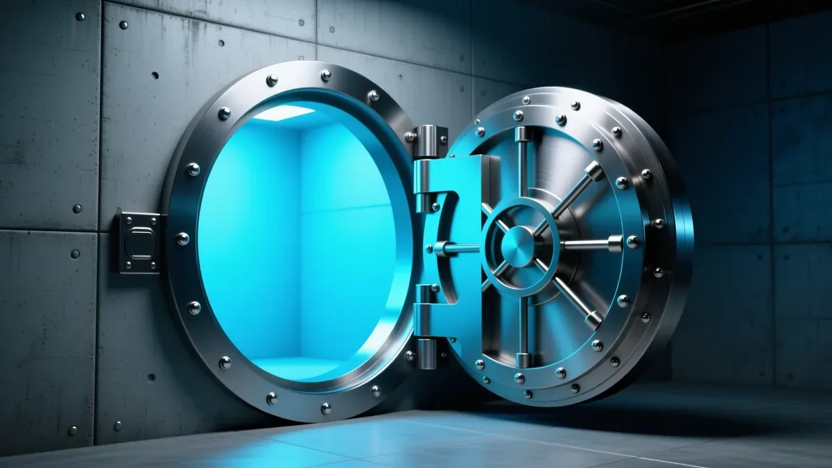 A heavy steel vault door, slightly open, with soft blue light inside