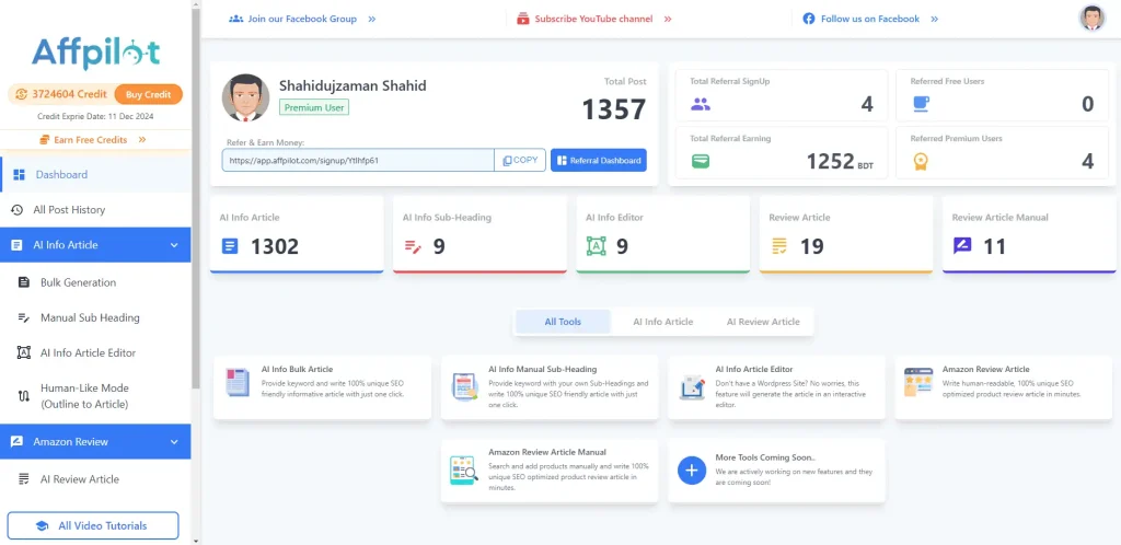 Affpilot Info Article Features and Dashboard