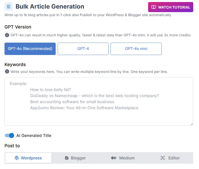 Bulk Article Generation in Affpilot