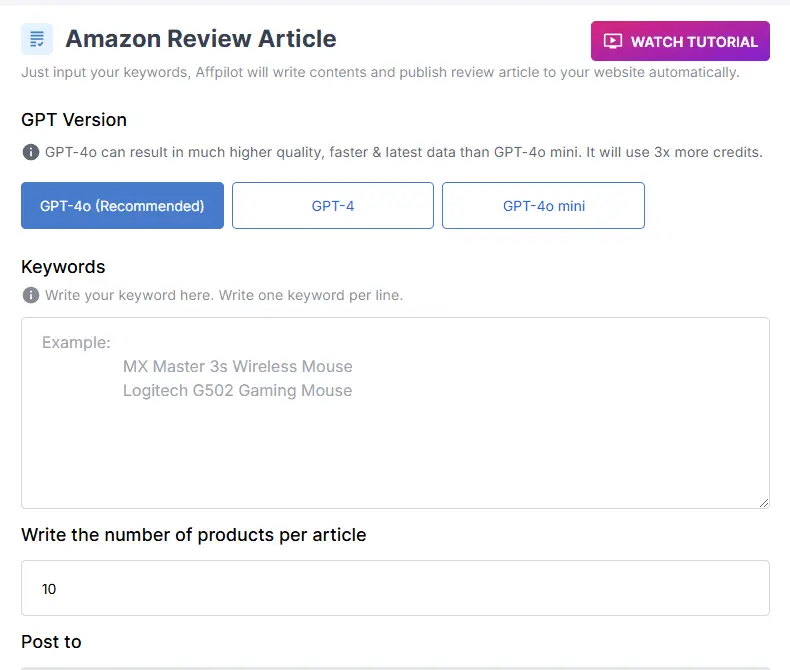 The Amazon review article screen in Affpilot